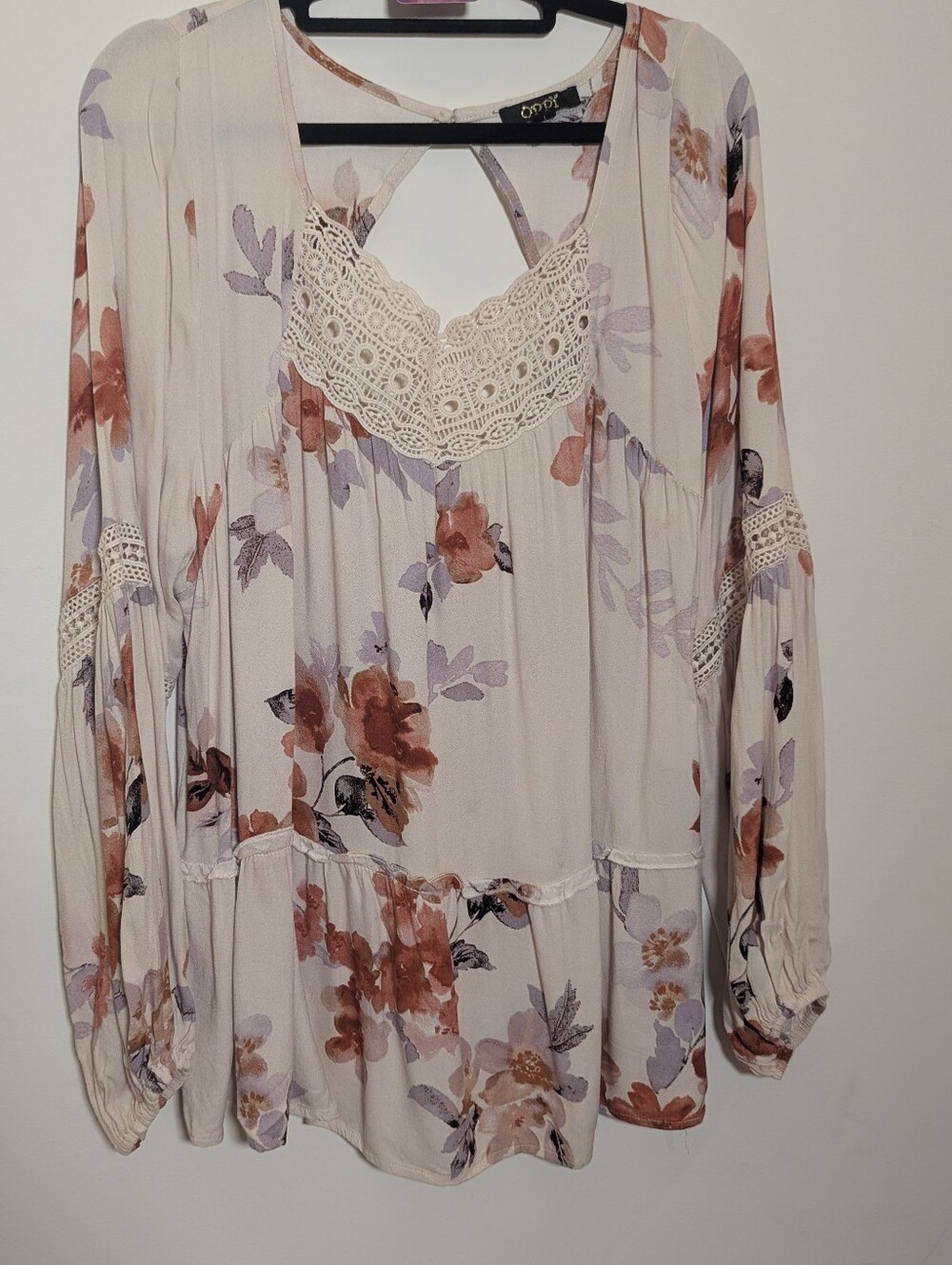 Oddi Size L Floral Boho Tunic Blouse Crochet Lace Babydoll Rayon Long Sleeve